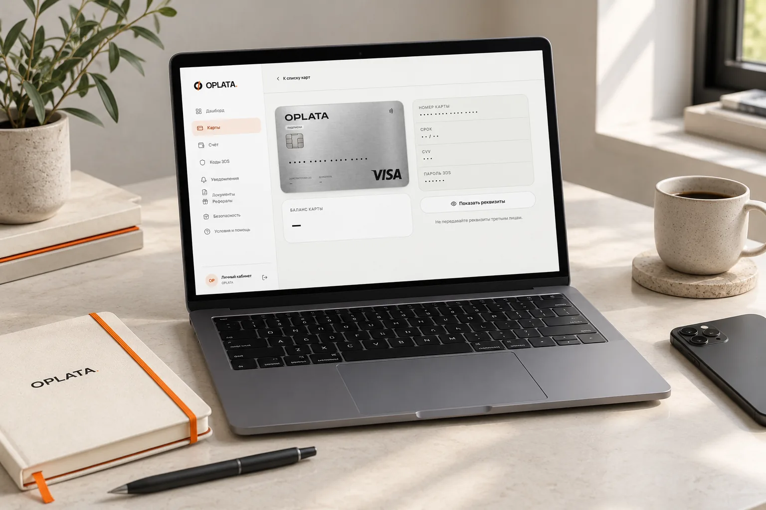 Рабочий стол с OPLATA: кабинет на ноутбуке и телефон с закрытым экраном