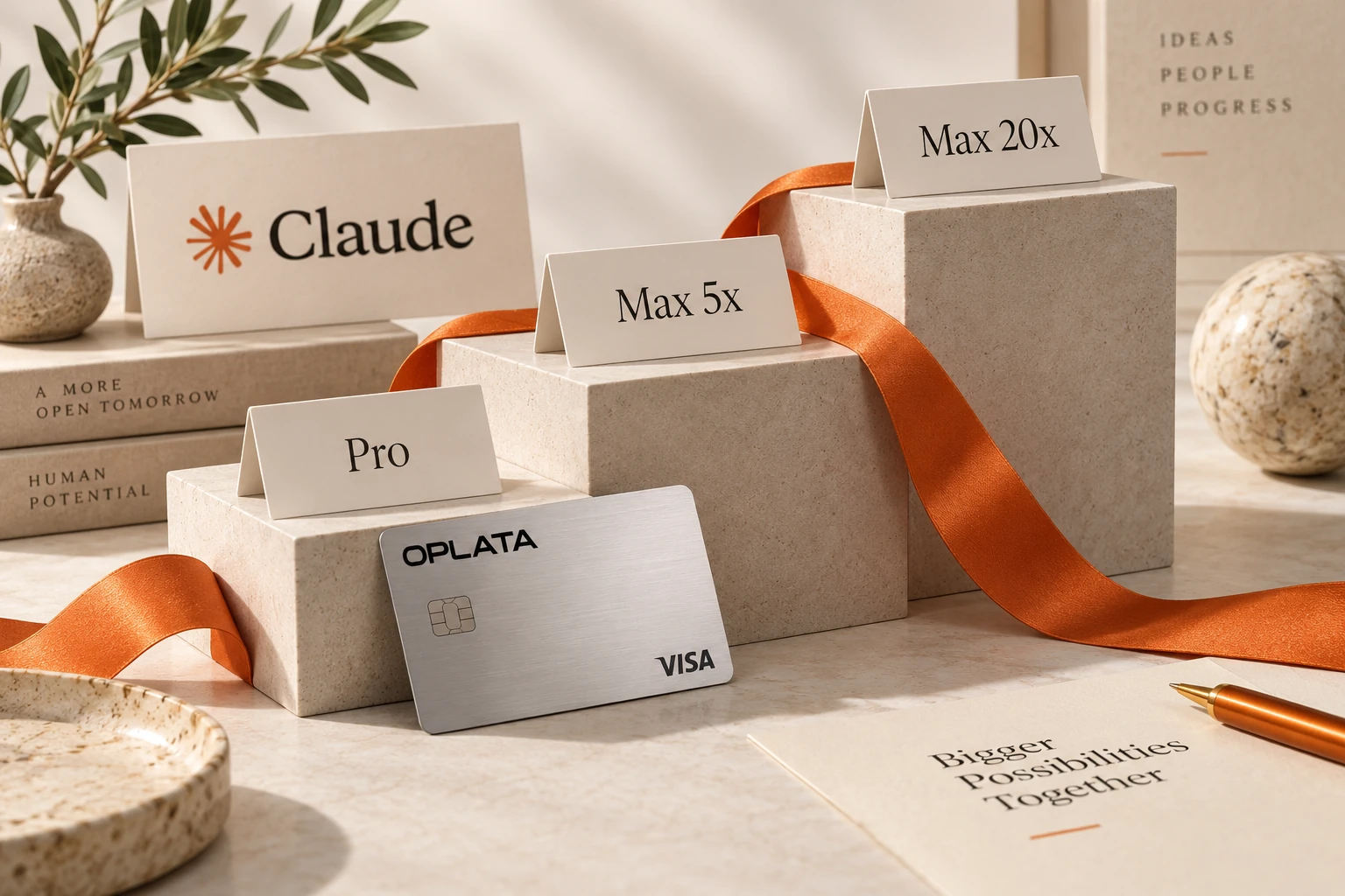 Серебряная карта OPLATA и предметная композиция выбора Claude Pro, Max 5x и Max 20x