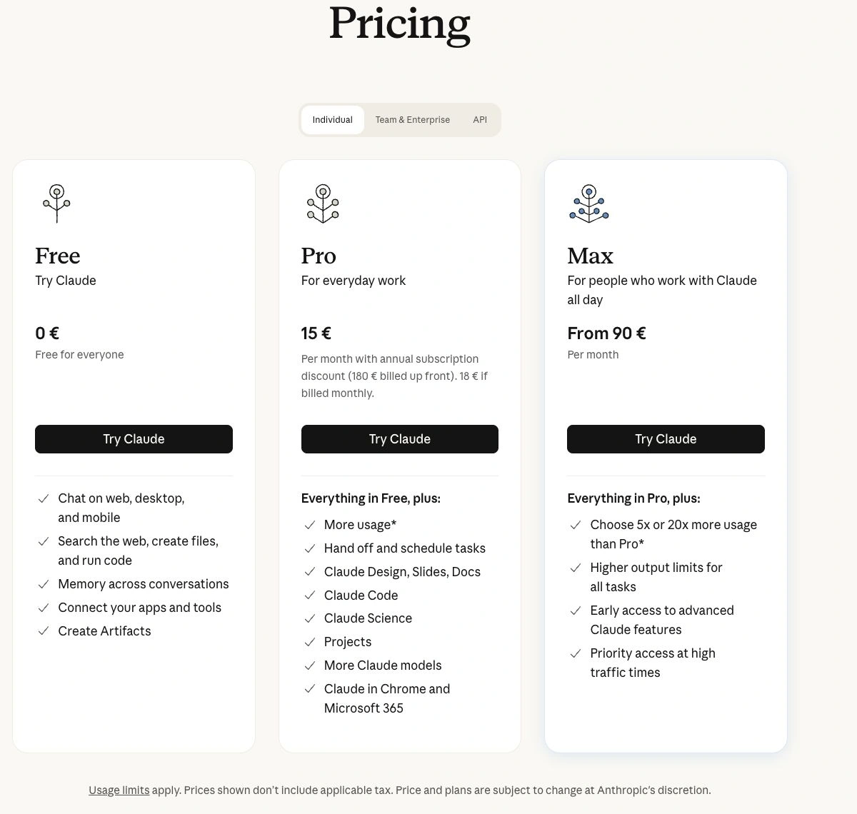 Публичная страница Claude Pricing: карточки Pro и Max, кнопки Try Claude