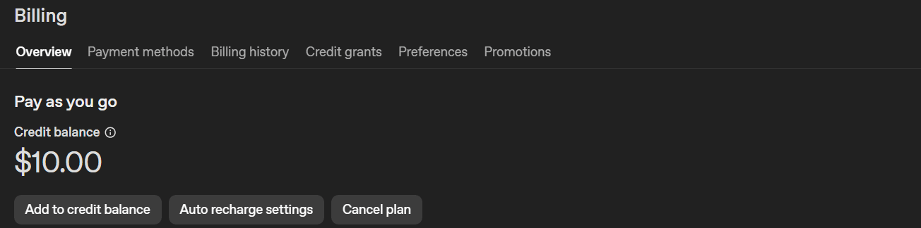 OpenAI Billing: баланс API и кнопки Add to credit balance и Auto recharge settings
