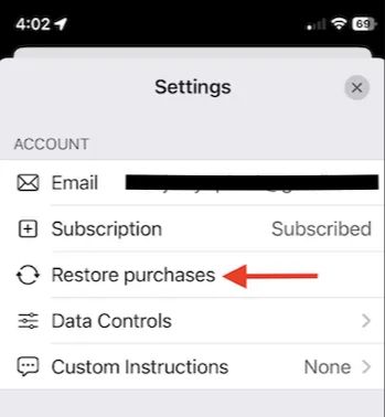 Публичный пример Settings с Restore purchases в приложении ChatGPT